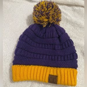 C. C. Game Day Beanie and Skinny Scarf with Pom Poms! Purple and Gold Spirit.